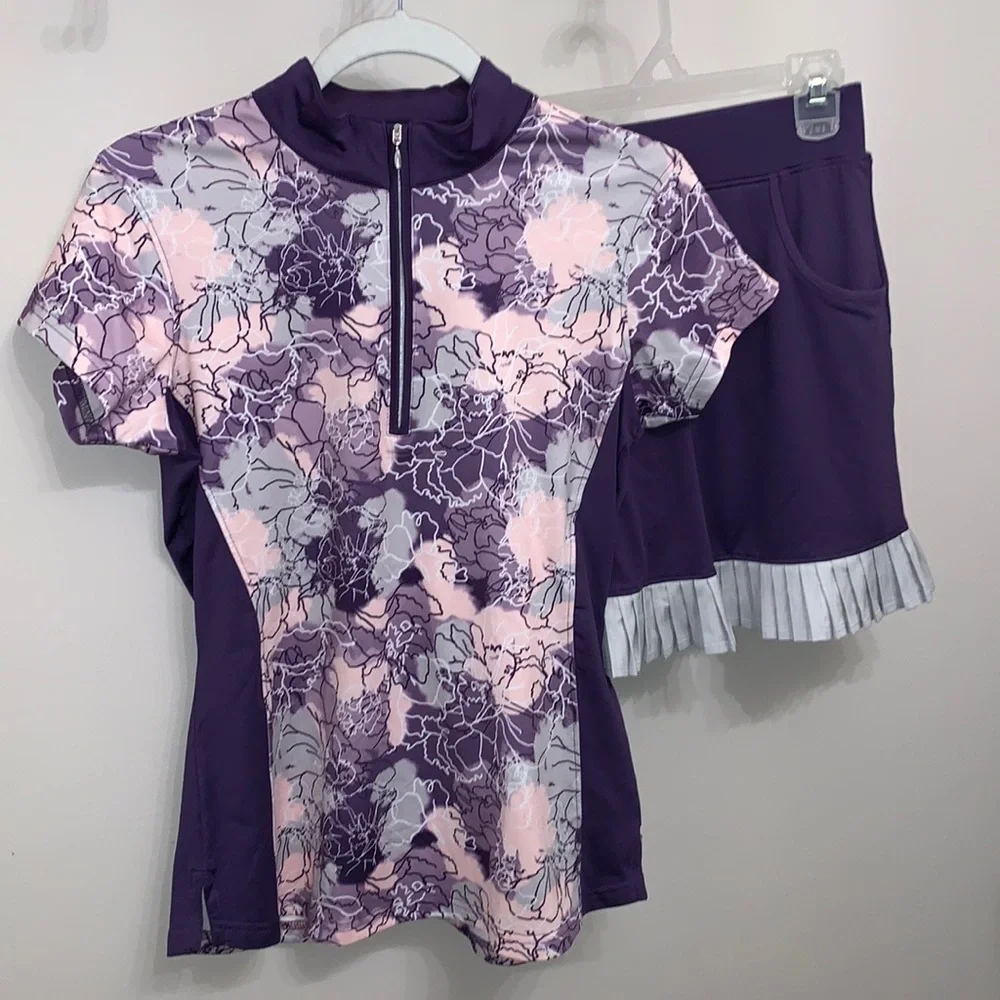 Pebble Beach 2 Pc Golf Top and Skort Abstract Floral Print Purple Gray S - Picture 1 of 11